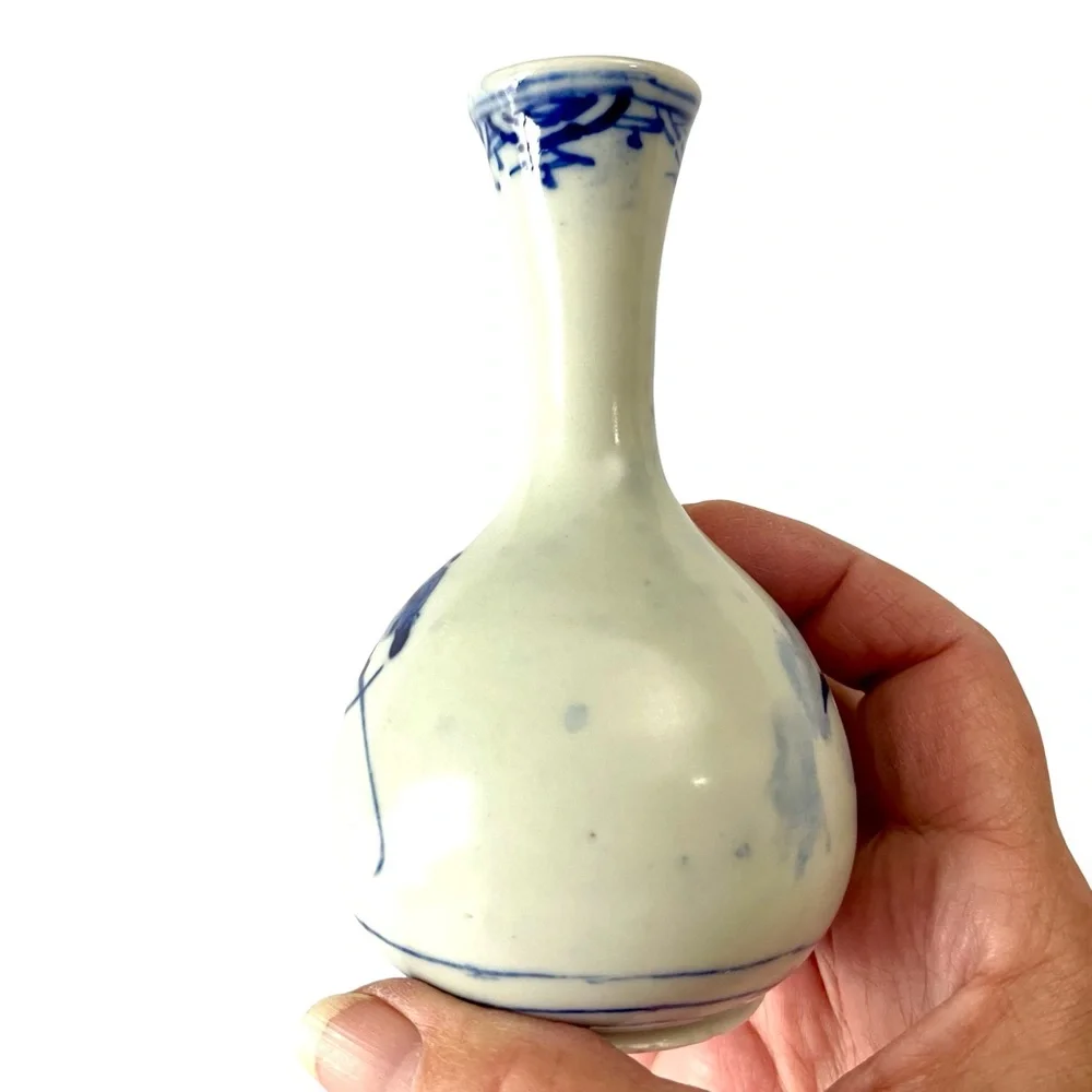19th Century Chinese Blue and White Hand Painted Porcelain Bottle Bud Vase